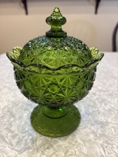 Pressed Glass Covered Candy Dish with Starburst Pattern and Finial Lid — listing 3