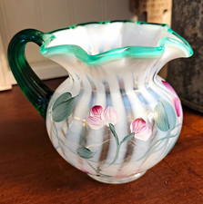 Trio of Hand-Painted Iridescent Art Glass Eggs on Pedestal Bases, Fenton-Style Floral Decoration — listing 5