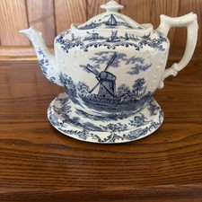 Blue Delft Deco Handpainted Windmill & Floral Teapot, White and Blue — listing 5