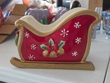 Fitz and Floyd Festive Bells Ceramic Christmas Sleigh Planter with Floral Arrangement