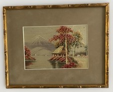 Pair of Vintage Japanese Silk Crewel Embroidery Pictures, Landscape Scenes, Framed Under Glass — listing 4