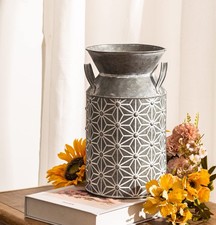Decorative Galvanized Metal Milk Can Vase with Woven Basket Weave Sleeve — listing 4
