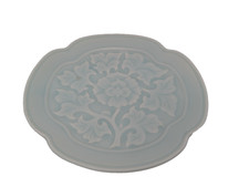 Celadon Glazed Porcelain Molded Peony Dish, Lobed Form