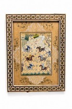 Persian Hand-Painted Polo Match Miniature Painting in Khatam Micro-Mosaic Frame — listing 2