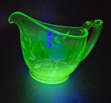 Vintage Uranium Vaseline Glass Small Creamer Pitcher with Clear Applied Handle — listing 3