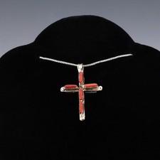 Zuni Sterling Silver Coral Petit Point Cross Dangle Earrings — listing 4