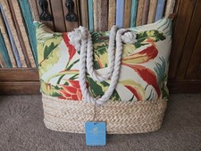 Caribbean Joe Tropical Print Canvas Tote Pocketbook, Multi with White Leather Trim — listing 6
