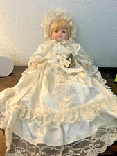 Vintage Porcelain Baby Doll with Blonde Hair, Blue Eyes, White Eyelet Lace Bonnet and Gown — listing 6