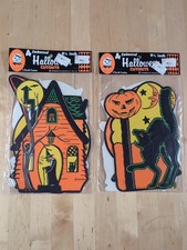 Vintage Beistle Die-Cut Halloween Decoration, Black Cat with Jack-O'-Lantern and Crescent Moon