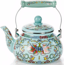 White Enamel Stovetop Tea Kettle with Blue Bird & Tree of Life Design — listing 3