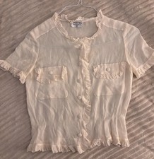 Vintage Chanel Boutique Cream Silk Pleated-Bib Blouse with Gold CC Buttons — listing 3