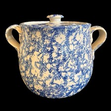 Blue Spongeware Stoneware Covered Bean Pot with Two Handles and Matching Tumblers — listing 6