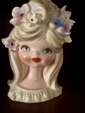 Vintage Ceramic Head Vase - Young Girl with Pigtails and Blue Eyes — listing 6