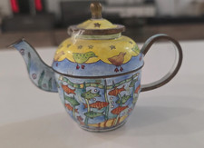 Kelvin Chen Hand-Painted Enamel Miniature Teapot with Floral and Checkerboard Design — listing 6