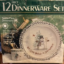 "We Can Build A Snowman" Christmas Stoneware Dinnerware Set - Snowman Motif with Green Spongeware Border