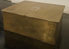 Antique Brass Hinged Table Box with Repoussé Copper Armorial/Coat-of-Arms Medallion Lid — listing 4