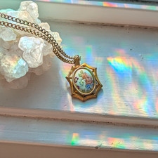 Vintage Oval Floral Cameo Pendant with Reverse-Painted Rose Motif Under Domed Glass