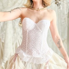 Vintage Ivory Lace Longline Bustier Corselette with Garter Straps and Zip Front
