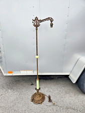 Antique Cast Metal Bridge Arm Floor Lamp with Victorian Fringed Silk Shade, 5 ft Tall — listing 4