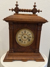 Antique Victorian Gingerbread Mantel Clock with Painted Case and Pendulum — listing 3
