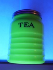 Jadeite Green Uranium Glass "TEA" Kitchen Canister, Ribbed Beehive Form, 4.5" Tall — listing 4