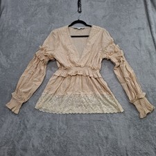 Women's Beige Cotton Linen Lace-Up Tank Top Sleeveless Boho Peasant Shirt, Size L — listing 3