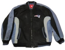 Vintage 1990s NFL New England Patriots Black and Blue Suede Leather Varsity Bomber Jacket — listing 6
