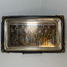 Vintage Egyptian Revival Repoussé Metal Serving Tray with Figural Border and Twin Handles — listing 5