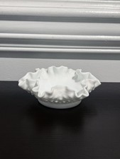 Milk Glass Crimped Ruffle-Edge Compote / Comport Bowl with Raised Center Ring