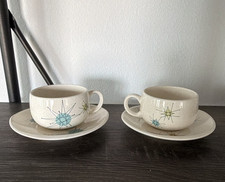 Mid-Century Modern Atomic Starburst Speckled Dinnerware — Divided Grill Plate and Coupe Soup Bowl