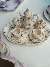 Miniature Porcelain Teapot with Iridescent Glaze and Applied Pink Roses — listing 6
