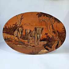 Marquetry Wood Inlay Wall Panel Depicting Elephants in a Jungle Landscape — listing 3