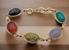 Vintage Scarab Bracelet with 8 Carved Multi-Gemstone Cabochons (Tiger's Eye, Carnelian, Green Chalcedony, Banded Agate, Unakite, Rhodonite), Gold-Filled Links — listing 6