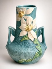 Roseville Pottery Clematis Two-Handled Vase, Brown/Green Ground with Yellow Clematis Blossoms — listing 4
