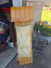 Vintage Paris Wooden Toboggan Sled with Rolled Front and Yellow Tow Rope