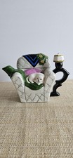 Whimsical Ceramic Black & White Striped Cat Lounging in Floral Armchair Figurine Another name — listing 2