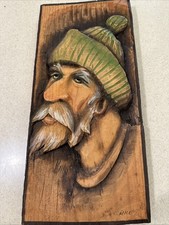 Pair of Hand-Carved Folk Art Wooden Figures — Peasant Woman and Man on Log Bases Only the carved initials shown — listing 6