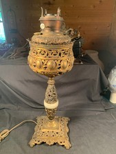 Antique Victorian Converted Banquet Oil Lamp with Embossed Brass Font, Onyx and Column Stem, Ornate Cast Base — listing 4