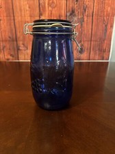 Vintage Cobalt Blue Glass Canister Jar with Embossed COOKIES/FLOUR/SUGAR and Ground-Glass Lid — listing 4
