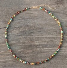 Long Handmade Beaded Necklace with Green Stone, Wood, and Metallic Beads — listing 6