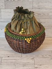 Antique Woven Wicker Sewing Basket with Padded Silk Lid and Hinged Compartment — listing 3