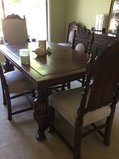 Antique Jacobean Revival Oak Dining Table with Carved Chairs — listing 2