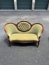 Antique Victorian Empire-Style Wood-Frame Settee/Sofa with Purple Floral Upholstery — listing 5