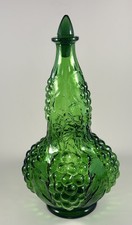 Vintage Emerald Green Glass Genie Bottle Decanter with Grape & Leaf Pattern and Ribbed Ball Stopper — listing 4