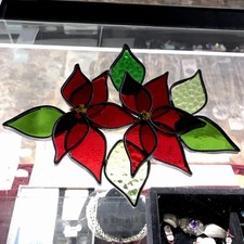 Vintage Stained Glass Style Poinsettia Round Trivet with Silver Metal Frame — listing 6
