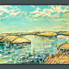 Original Landscape Oil Painting of Rolling Fields and Hills in Dark Wood Frame