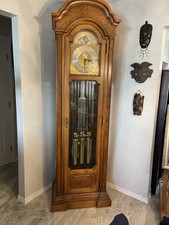 Vintage Oak Grandfather Clock with Brass Dial, Weight-Driven Triple-Chime Movement — listing 6