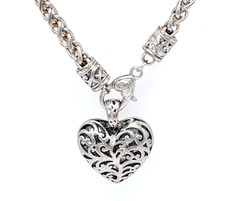 Silver-Tone Puffed Filigree Heart Pendant with Pavé Rhinestones, 1-1/2" Wide — listing 5