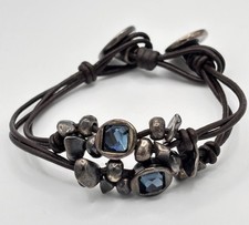 Uno de 50 Silvertone Beaded Leather Bracelet with Blue Glass Stone, 7.5" — listing 6