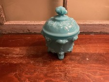 Blue Milk Glass Covered Candy Dish with Acorn Finial and Beaded Rim, Footed No marks visible — listing 2